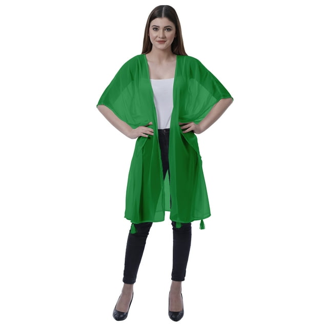 Moomaya Boléro en Georgette pour Femmes, Ouvert à l'Avant, Long et Transparent, avec Pompons