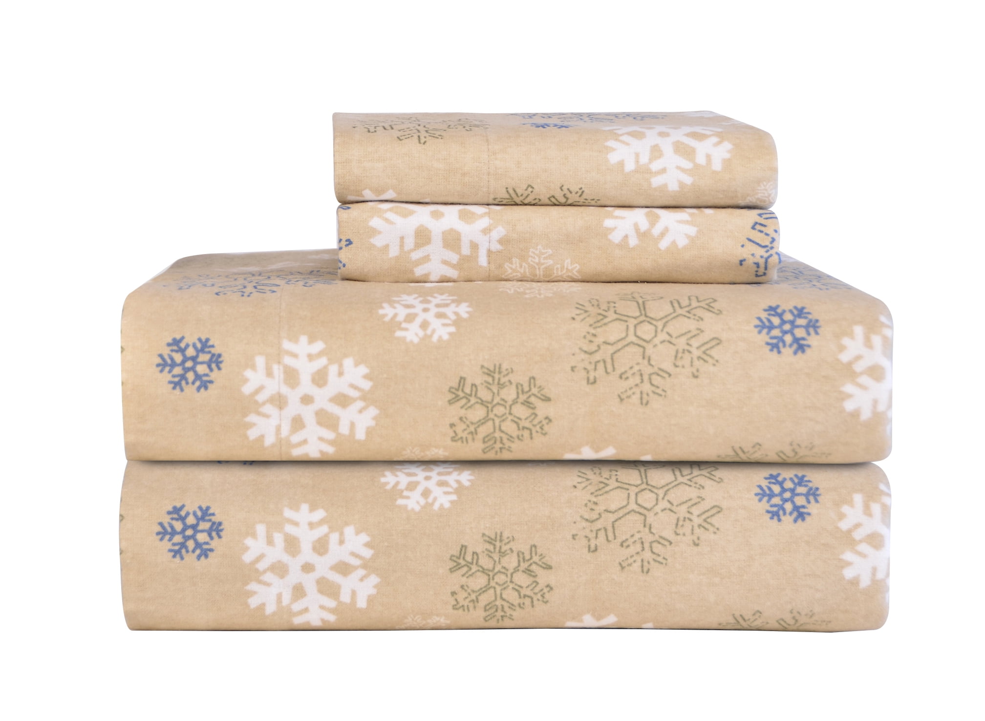 Queen Snow Flakes/Tan Pointehaven Heavy Weight Printed Flannel Sheet Set 