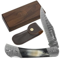 YOUSUNLONG Folding Knife - Pocket Knives Overall 195mm Japanese Damascus Steel Natural Bull Horn Handle