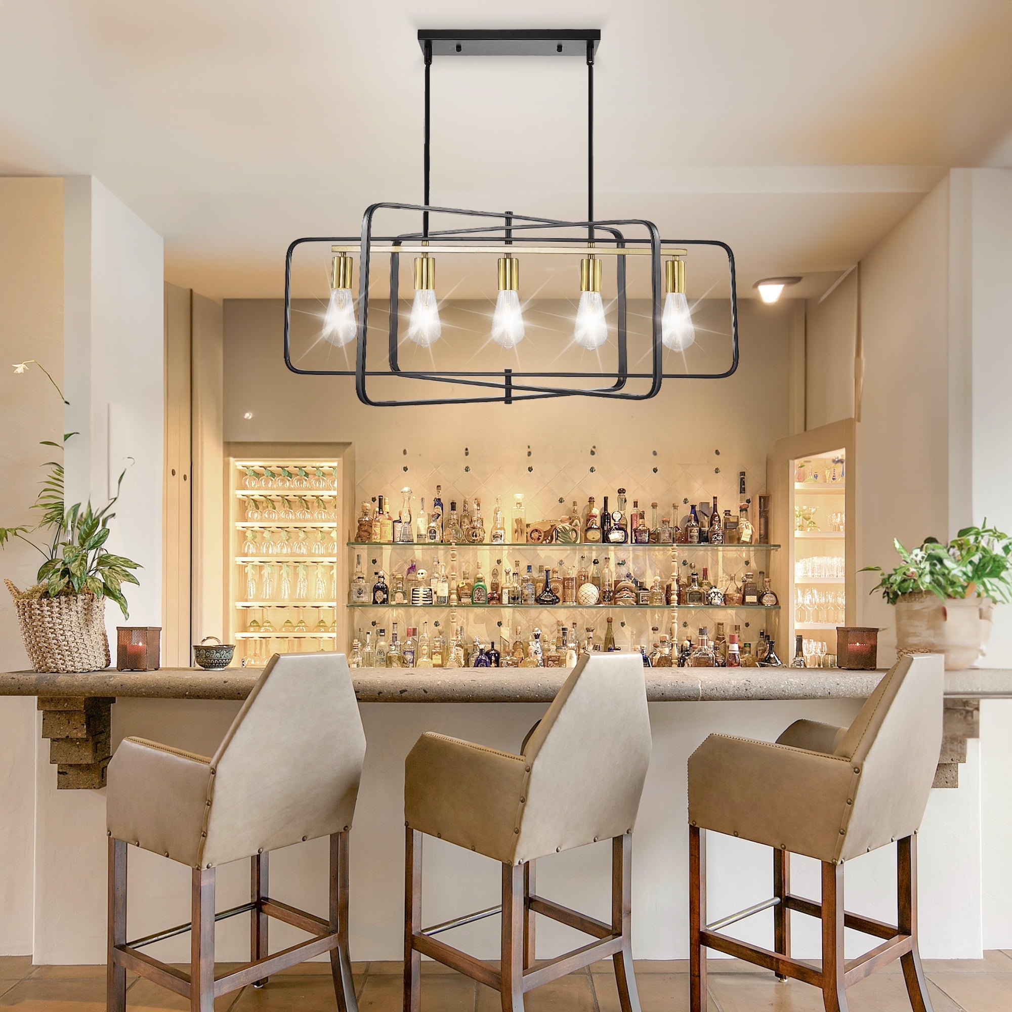 bokifol 5-Light Black Gold Farmhouse Chandelier Rectangle Ceiling Fixture for Dining Room
