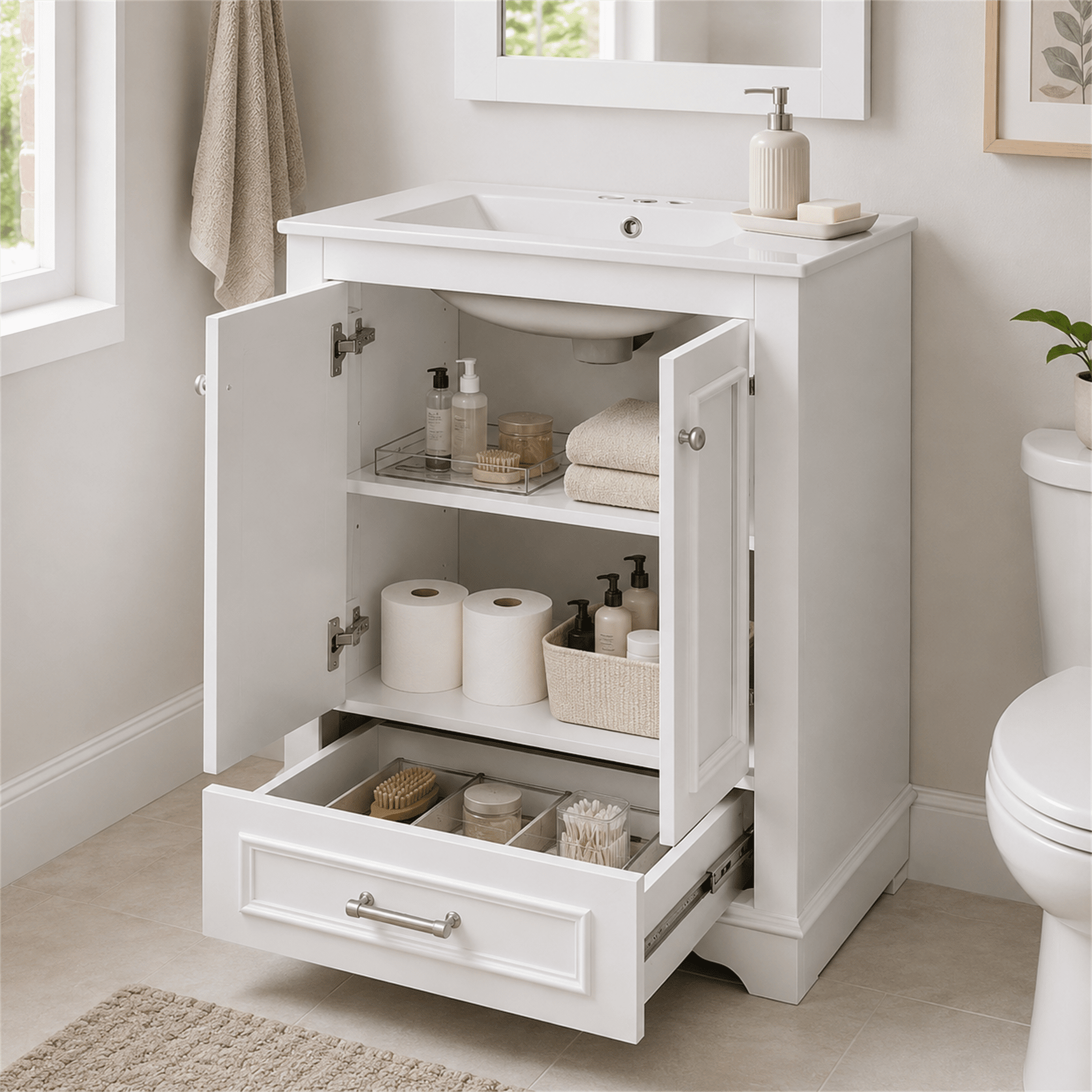 Homy Casa 24" Bathroom Vanity with Ceramic Sink, Soft-Close Doors and Drawer, White