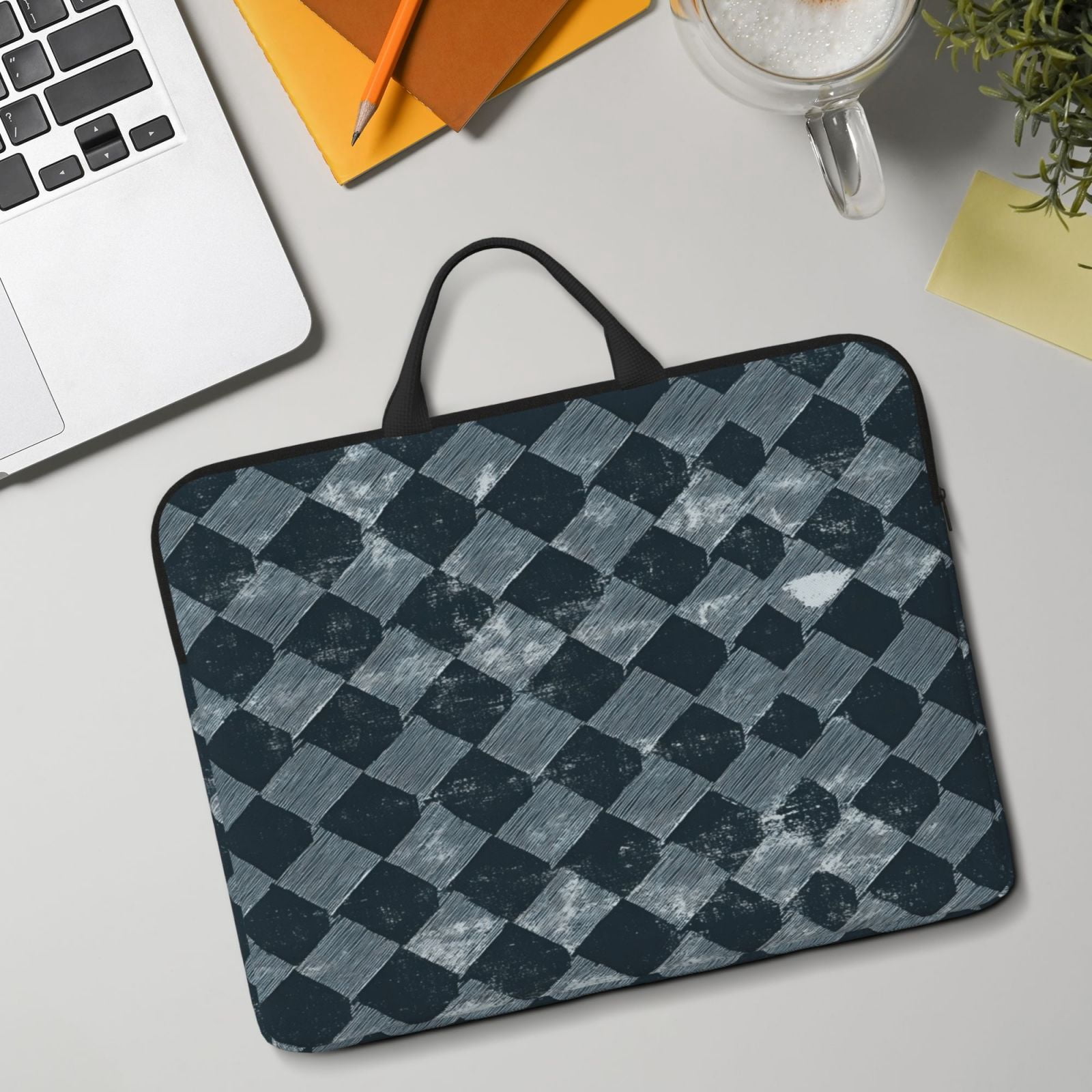 Laptop Sleeve Bag For Women Men 14inch Waterproof Durable Protective Computer Carrying Cover Handle Laptop Case Bag Darkslateblue Houndstooth Vintage Texture Hand-Drawn Sketch_3