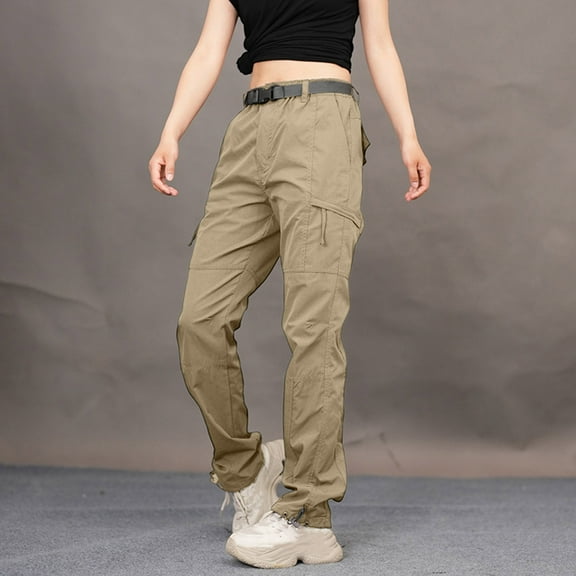 Cargo Pants For Women Waterproof Windproof Button Straight Leg Adjustable Hems Outdoor Sport Trousers With Multi Pockets (XL, Khaki-A)