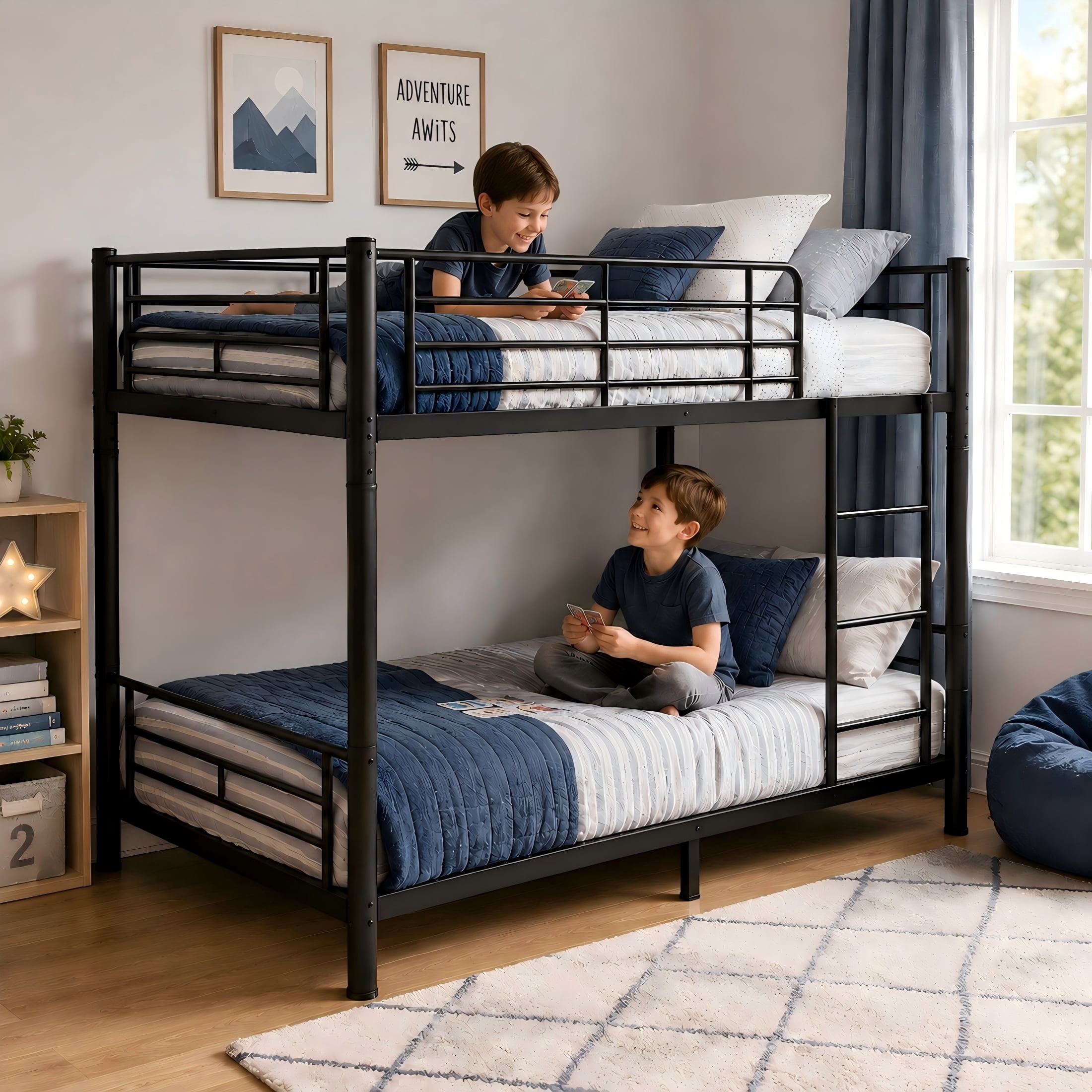 Aukfa Twin XL over Twin XL Metal Bunk Bed for Kids, Converts into Two Twin XL Beds, Round Tube Construction & Full-Length Guardrails, Black
