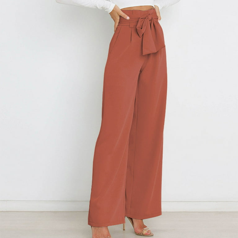 JWZUY Casual Solid High Waist Tie Front Wide Leg with Pockets Office Flowy  Pants Orange XL