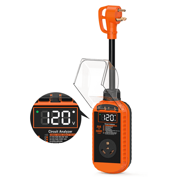 RV Surge Protector 30 Amp, 10,000J Smart 30 Amp RV Surge Protector with Auto Shutoff & Reset, RV Circuit Analyzer with LED Display, Voltage & Temperature Protection, IP67 Waterproof - Orange