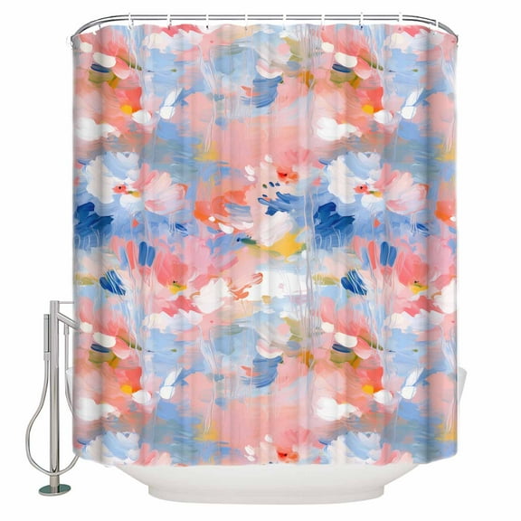 Fabric Shower Curtain, Abstract Watercolor Hand Drawn Blue Pink Flowers Shower Curtains with 12 Hooks Waterproof Machine Washable Bath Curtains for Bathroom,54 x 78in