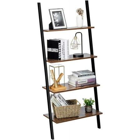 Industrial 4-Tier Ladder Shelf, Leaning Against The Wall Bookshelf for Living Room Office, Multipurpose Storage Rack Shelves with Metal Frame, Plant Flower Stand (Rustic Brown)