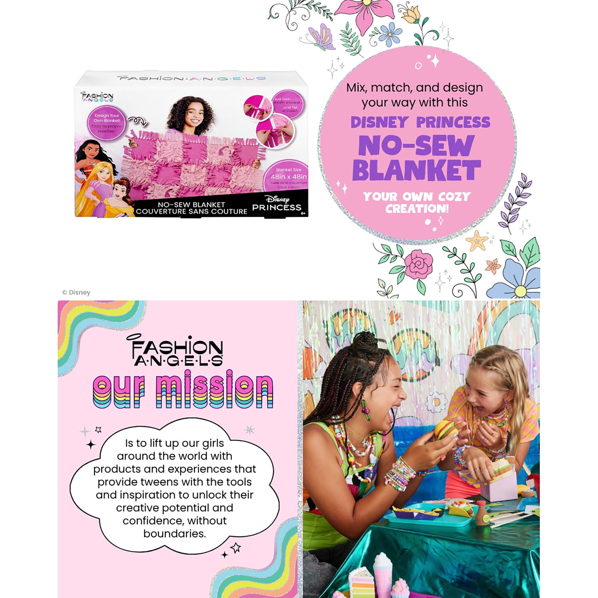 Fashion Angels: No-Sew Blanket - Disney Princess - DIY 48" Blanket Craft Kit, Just Tuck & Tie, Pink-Lavender-Character Polar Fleece Squares, Kids 6+