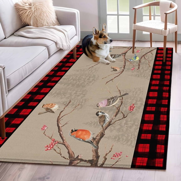 Christmas Red Black Plaid Area Rugs 3'x5', Small Throw Rugs for Living Room Bedroom, Vintage Xmas Tree Birds on Branch Indoor Outdoor Rug Non-Slip Low Pile Carpet Runner Reversible Floor Mats