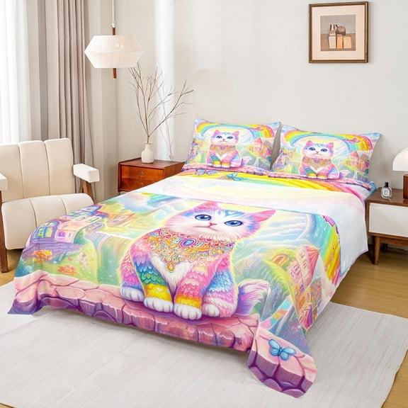 Homewish Cartoon Gradient Cat Twin Sheet Sets 3pcs for Teenagers Boys Girls,Dreamy Princess Twin Fitted Sheet Microfiber,Flying Butterflies Kawaii Rainbow Breathable Flat Sheet