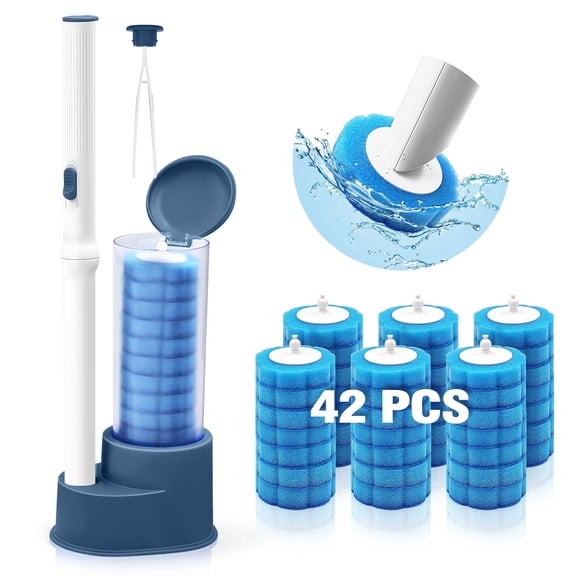 NEWE Disposable Toilet Brush with 42PCS Cleaner Refills, Toilet Bowl Wand Holder Set with Tweezers (Blue)