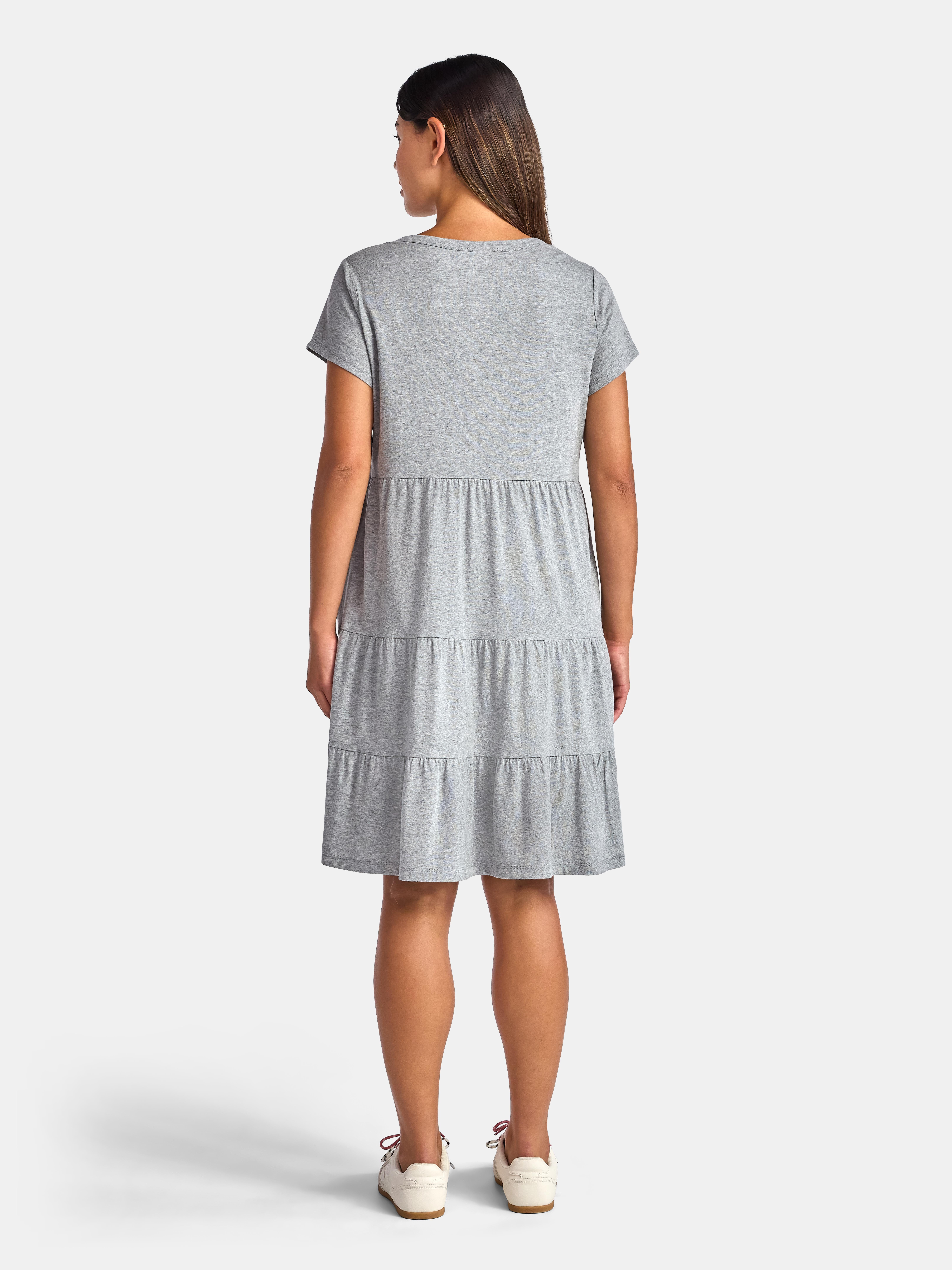 Time and Tru Women's Tiered Cotton Dress with Short Sleeves, Sizes XS-XXXL