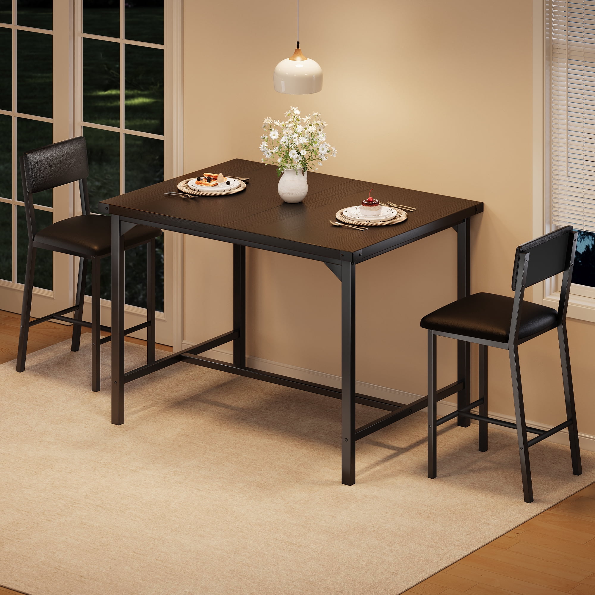 3-Piece Counter Height Dining Table Set for 2 – Includes Upholstered Bar Chairs with Backrest, Footrest, and Corner Protector – Perfect for Small Kitchens, Dining Rooms, Apartments