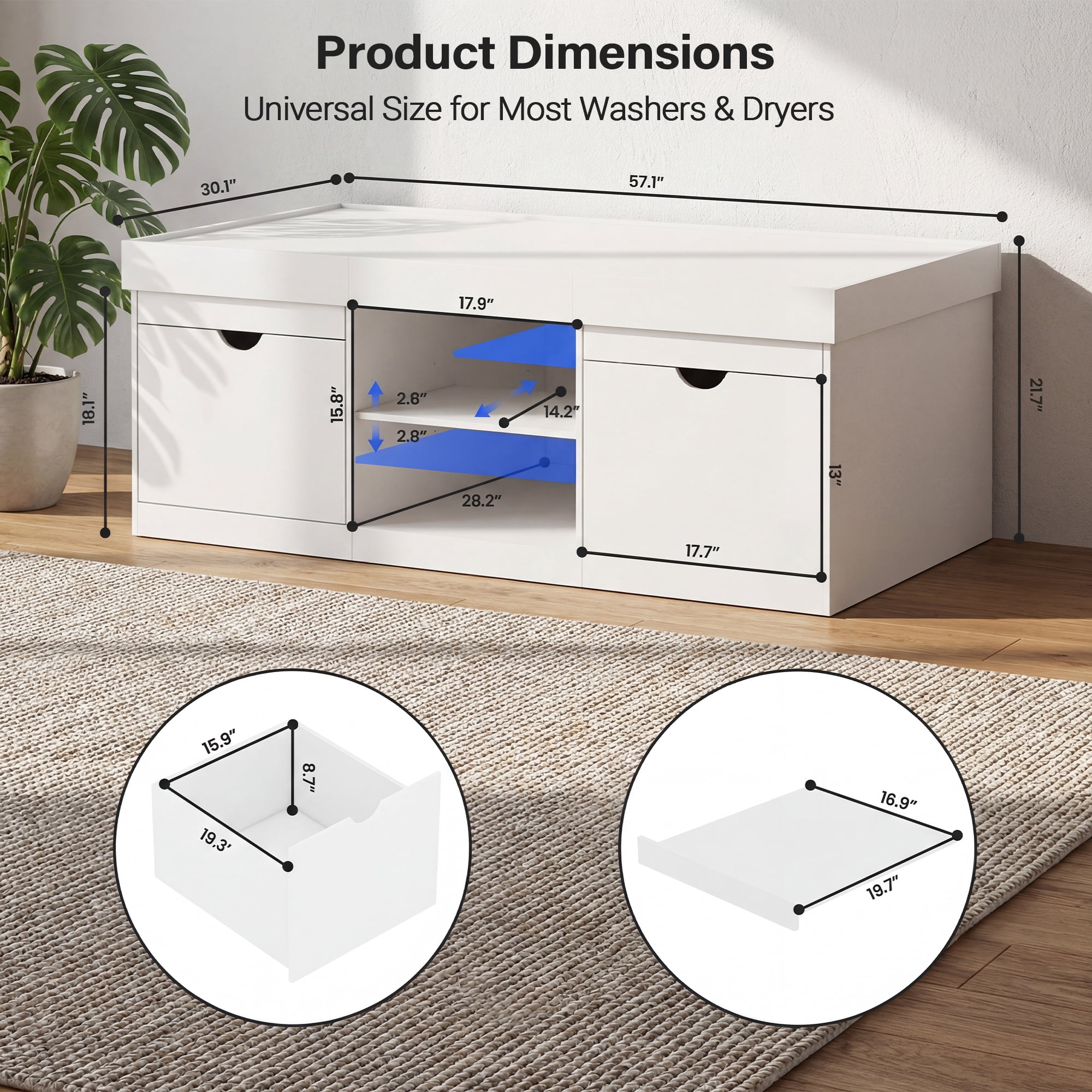 Advwin 57" Washer and Dryer Pedestal, Heavy Duty Washing Machine Stand with Laundry Basket Shelf, Large Drawers & Adjustable Storage Shelf, Universal Fit Anti-Vibration Laundry Pedestal, White