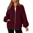 thumbnail image 3 of WTOBBY Women's Oversized V-Neck Zip-Front Jacket, Long Sleeve Solid Color Loose Fit Shacket, Casual Streetwear Open Style Coat, Lightweight Layering Piece for Women,Wine XL, 3 of 6