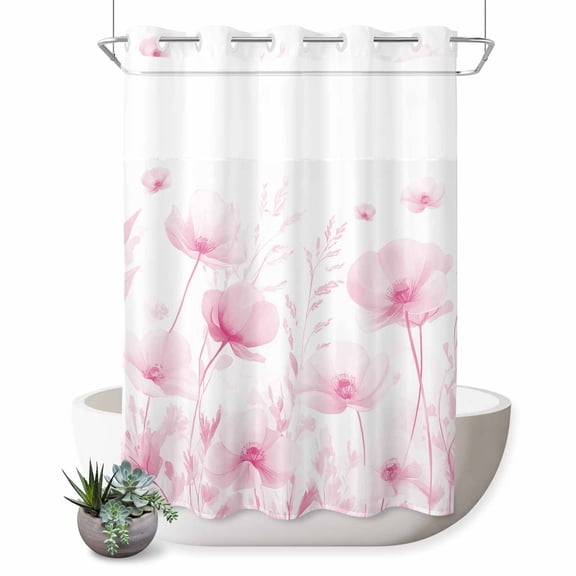 No Hook Shower Curtain, Pink Spring Floral Shower Curtains for Bathroom with See Through Top Window, Summer Botanical Watercolor Vintage Waterproof & Washable Bath Curtain Extra Long 72"x96"