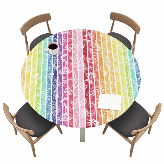 Dandelion Fitted Tablecloth with Elastic Edged, Round Table Cloth for Dining Table, Rainbow Stripes Modern Minimalist Flowers Waterproof Oil Proof Table Cover for Indoor Outdoor 36"-44"