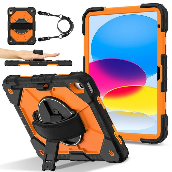 ELEHOLD Rugged Hybrid Case for iPad 11th Gen (A16) 2025 11-inch,with Built-in Kickstand 360° Rotating Handstrap Pencil Holder Crossbody Shoulder Strap Shockproof Heavy Duty Case,Black/Orange