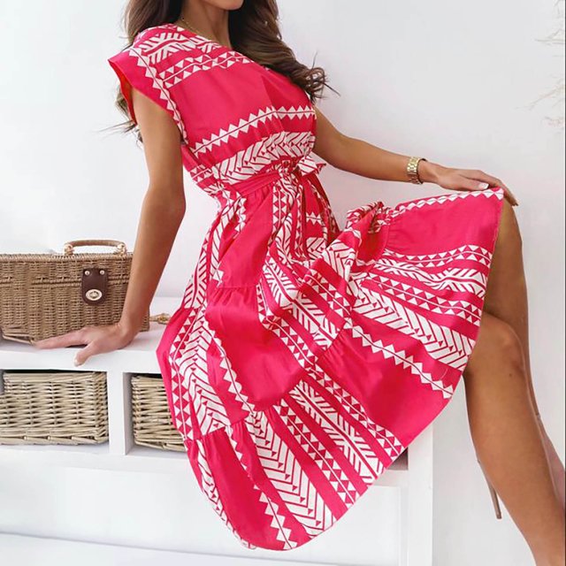 Qiopertar Robe d'Été Mode Femme Col Rond Manches Courtes Imprimée Grandes Économies de Vacances! Moins de 5$ jusqu'à 90 % de Réduction