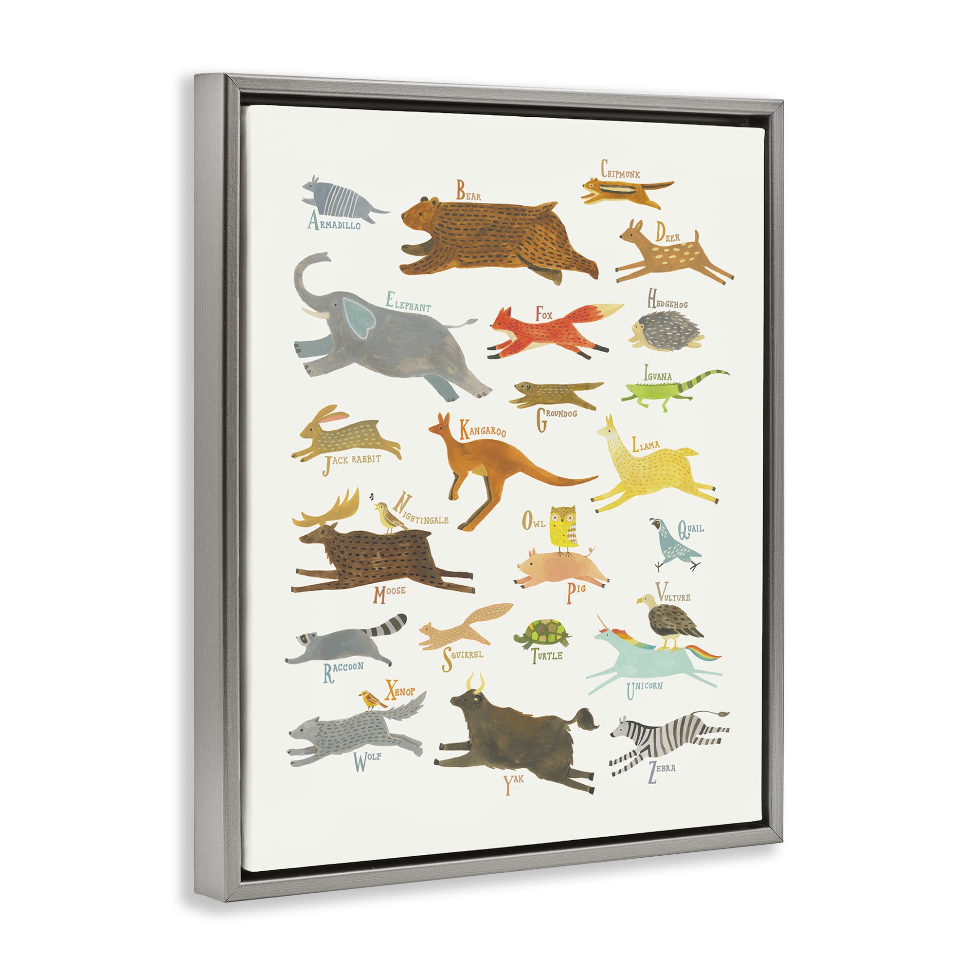 Stupell Industries Wild Animals Alphabet Education Painting Gray Floater Framed Canvas Art Print Wall Art, 25 x 31
