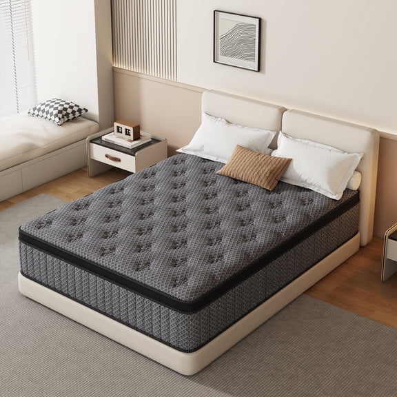 HIKOS 12 inch Queen Mattress in a Box, Cooling Gel Memory Foam Hybrid Mattress with Individually Wrapped Pocket Coils, Medium Firm Queen Size Mattress, Pressure Relief for Adult