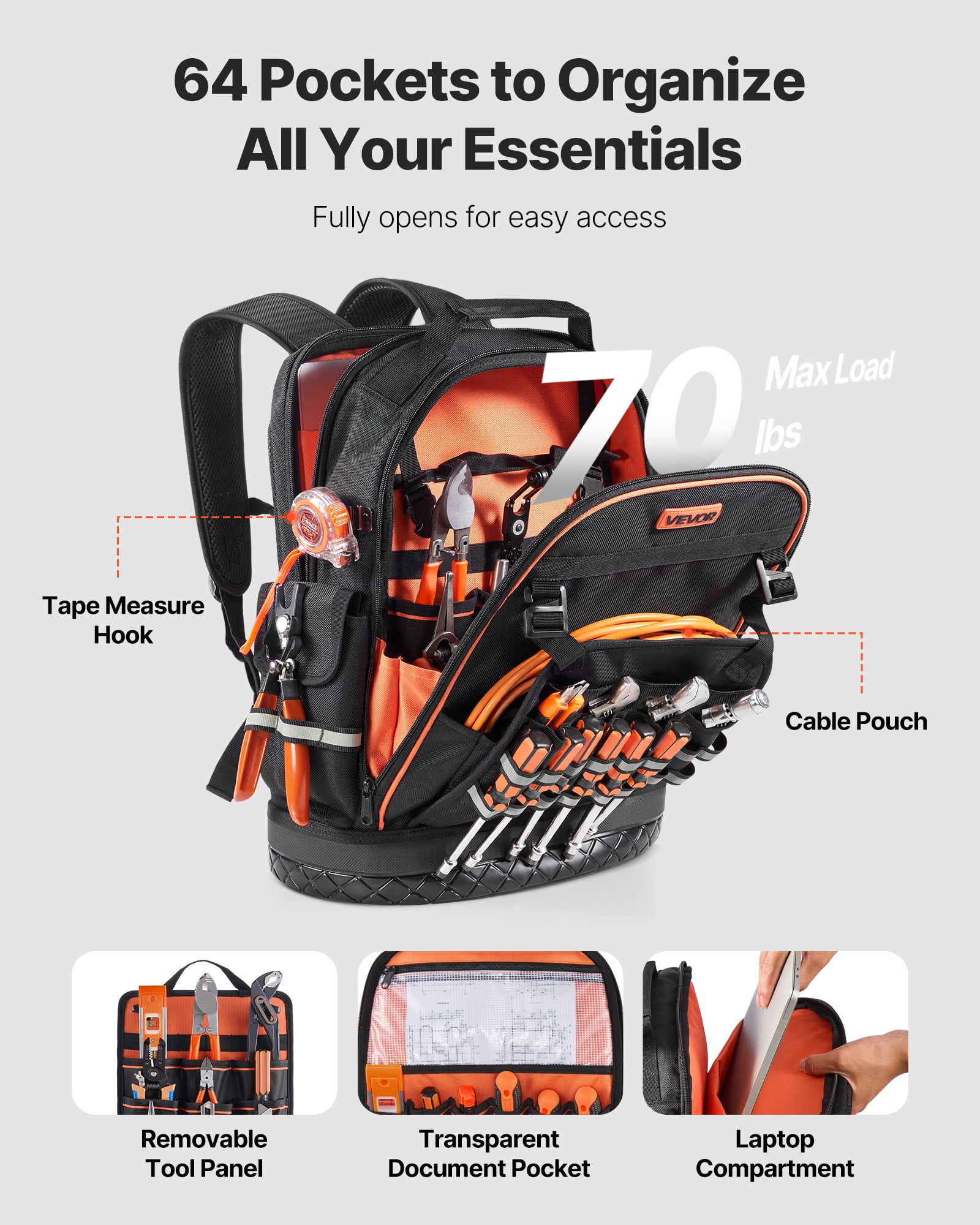 VEVOR Tool Backpack, 64 Pockets, Heavy-duty Tools Storage Organizer Work Bags with Laptop Compartment & Molded Base, Electrician Jobsite Backpack for Electrician, Repairman, and HVAC Techs