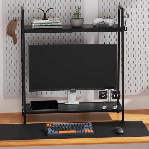 UTAH-Desk Hutch with Monitor Stand Riser, 2 Tier Desk Shelf with Storage for Computer Monitor Stands, Adjustable Desk Organization Computer Storage Rack Ladder Bookshelf for Home Dormitory, Black