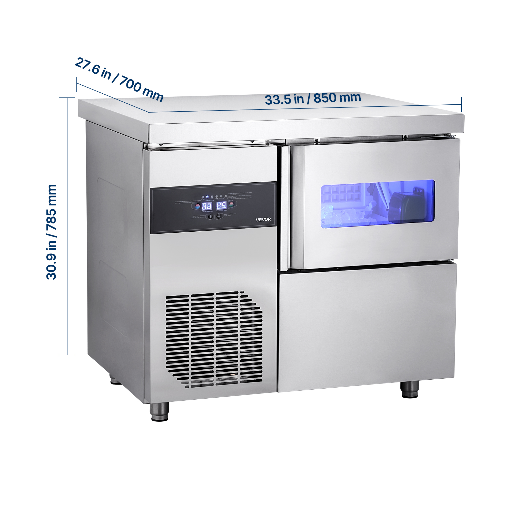 VEVOR Commercial Ice Maker Machine, 132 lbs/24H Stainless Steel Ice Machine with Worktop, 30 lbs Storage & 70 Cubes/Cycle,Self-Cleaning Freestanding Ice-Making for Home Bar Office Restaurant Kitchen