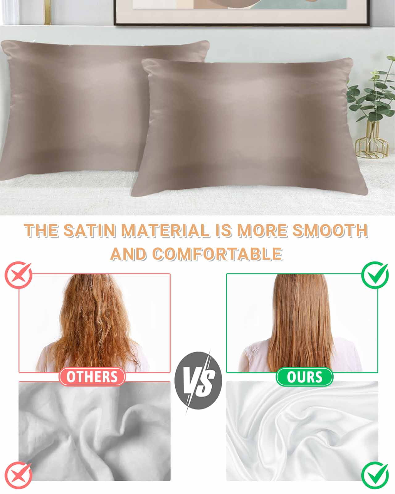 Brown Ombre Pillow Cases Queen Size Set of 2, Smooth Satin Pillowcase for Hair and Skin, Modern Abstract Art Farmhouse Gradient Decorative Cooling Bed Pillow Covers with Zipper, 20x30 Inches