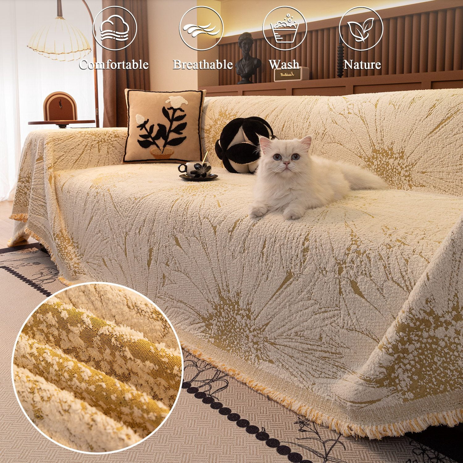 NAYOROOM Artistic Yellow White Sunflower Couch Cover, Chenille Sofa Cover Slipcover Sofa Towel Furniture Cover（71"x 118"）
