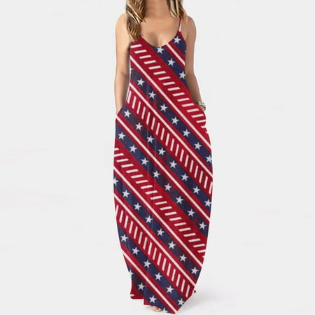 

Hvyesh Womens Summer Dresses 2023 Casual Beach Maxi Dress American Flag Print V Neck Sundresses Spaghetti Strap Sleeveless Flowy Dresses Red