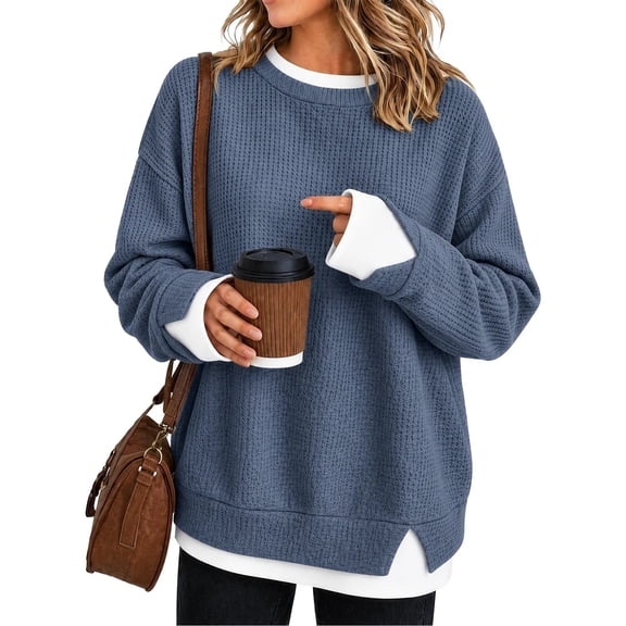 FAIWAD Crew Neck Layered Sweatshirt for Women Oversized Patchwork Long Sleeve Pullover Side Split Casual Sweatshirts