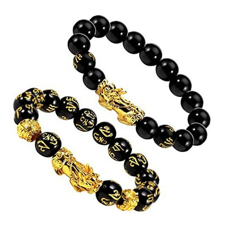 SUSHANG 2PC Gold-Plated Pixiu Bracelet Elastic Feng Stone Carved Mantra Bracelet Hand Wealth 2PCs Bracelet Shui 12Mm Bracelets