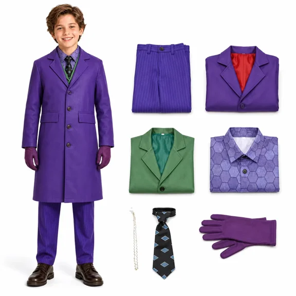 7Pcs Halloween Clown Cosplay Costume with Purple Coat Shirt Pants Tie Accessories Suit Outfit