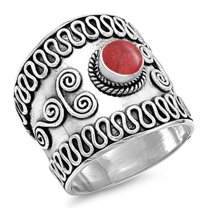CHOOSE YOUR COLOR Wide Bali Simulated Coral Ring .925 Sterling Silver Swirl Wave Band Red CZ Female Size 7
