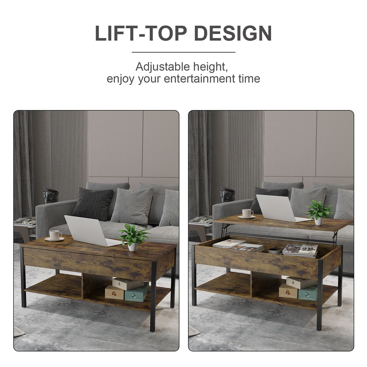 Kepooman Modern Wood Lift-Top Coffee Table with Compartment and Storage Shelf, Brown Kepooman Modern Wood Lift-Top Coffee Table with Compartment and Storage Shelf, Brown