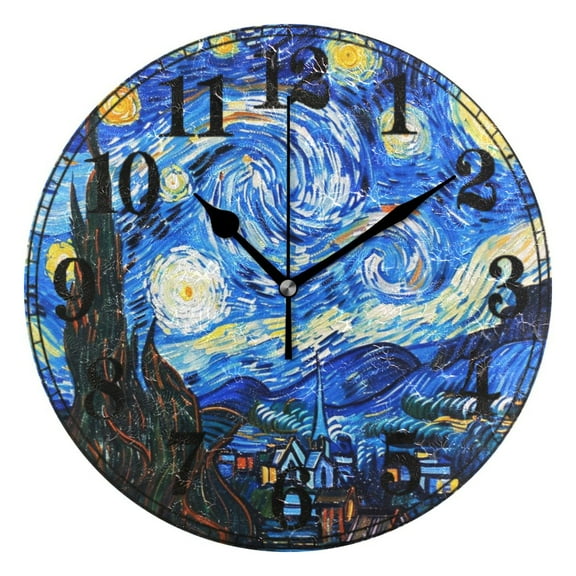 Oil Paint Starry Night Pattern Silent Wall Clock 10" Non-Ticking Battery Clock