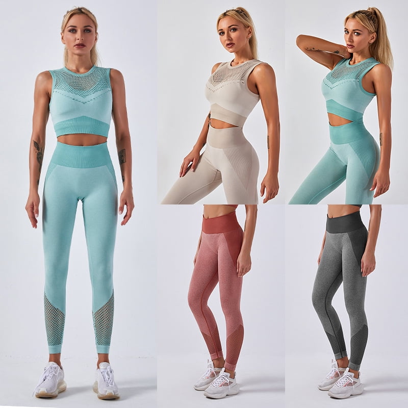 CNASA Women 2 PCS Workout Set Seamless Super Soft Deep V Neck Bra+Leggings Set Yoga Outfits Sports Clothing 