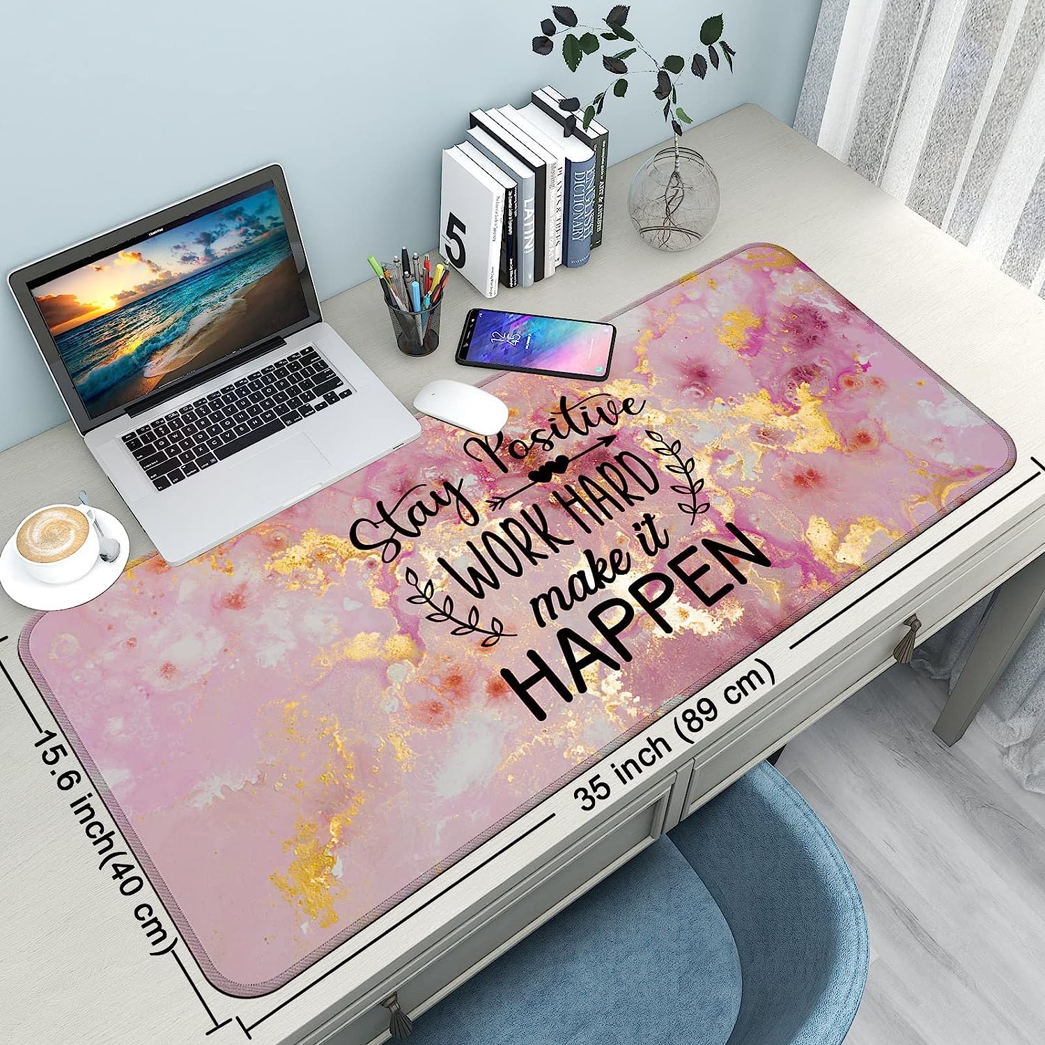 Desk Mat,Large Mouse Pad 35''×15.6'' XXL Extended Gaming Mouse Pad Mat with Non-Slip Base Stitched Eges Mousepad for Computer,Office,Keyboard and Laptop -Stay Positive