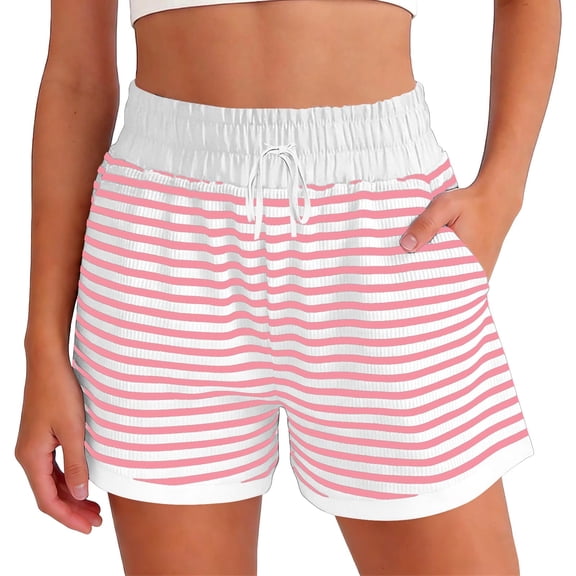 Oplxuo Casual Striped Shorts for Women Summer Elastic Waist Drawstring Loose Lounge Sweat Shorts with Pockets