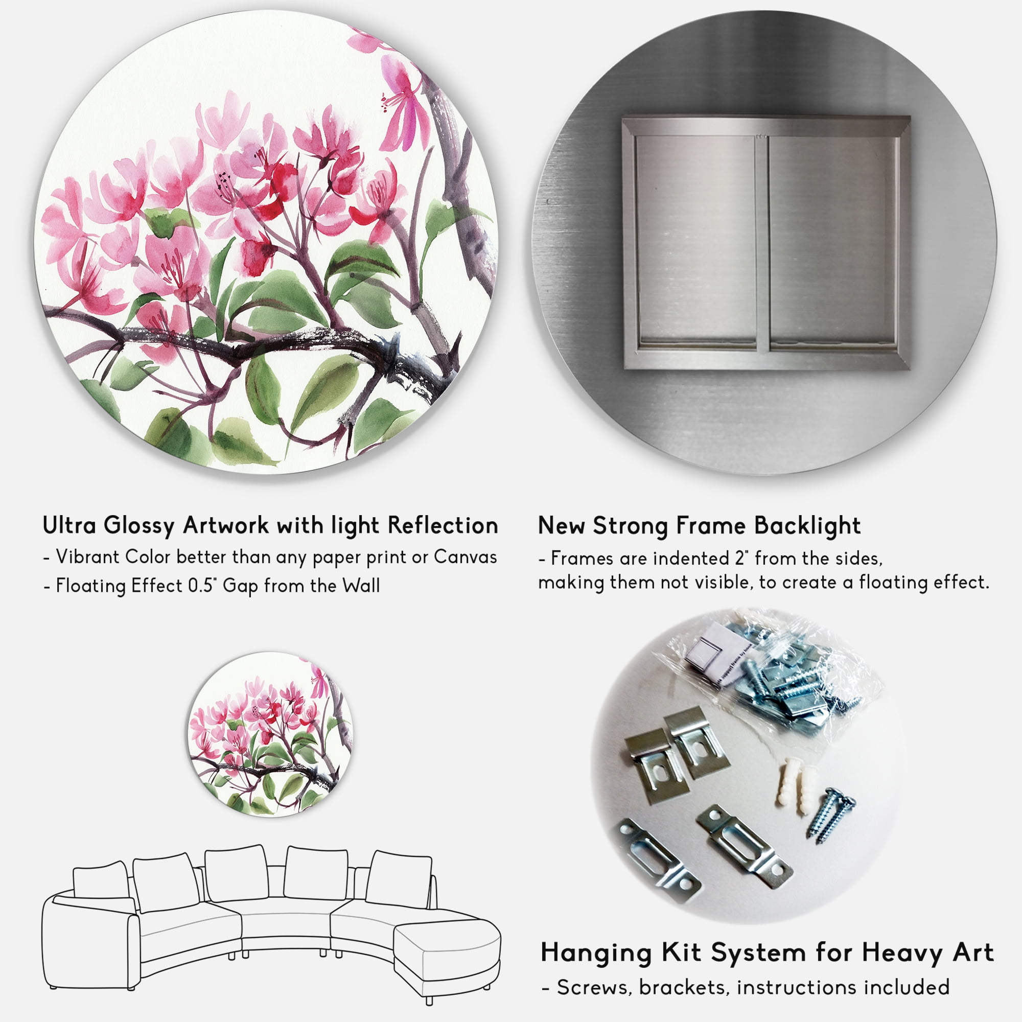 Designart 'Pink Blossoming Floral Tree' Traditional Circle Metal Wall Art 36x36 - Disc of 36