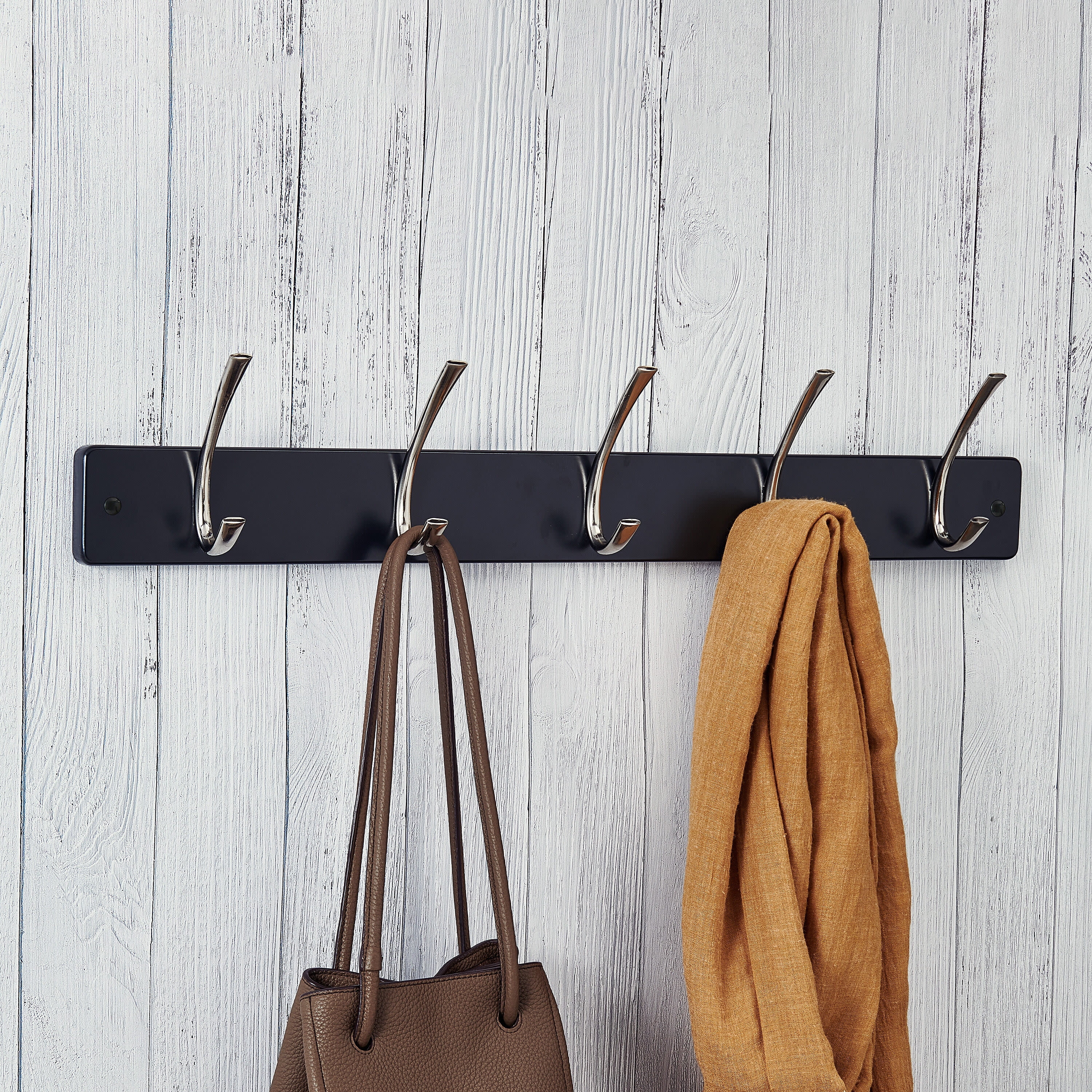 Melannco 27X5 Inch Wall Mount MDF Coat Rack With 5 Silver Metal  Hooks Black