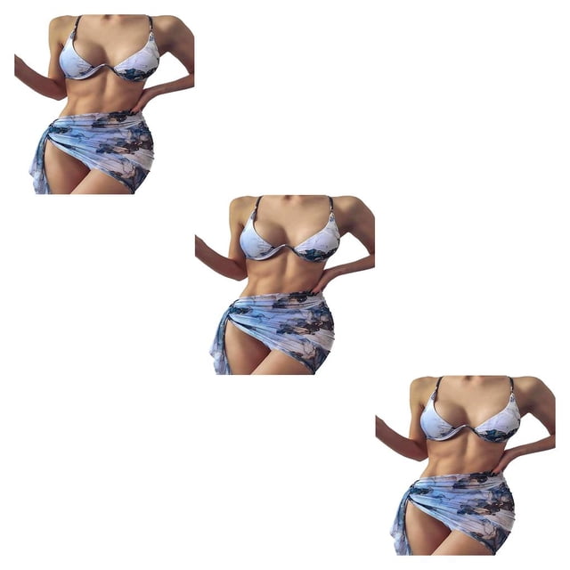 Advancent Traje de baño de tres piezas para mujer, traje dividido estampado, fiesta en la playa, traje de baño de poliéster a la moda, ropa de Azul M 3piezas