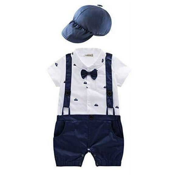 stylesilove Sailor Boat Print Faux Suspender Formal Wear Baby Boys Short Sleeve Navy Blue Romper with Hat 2pcs Outfit