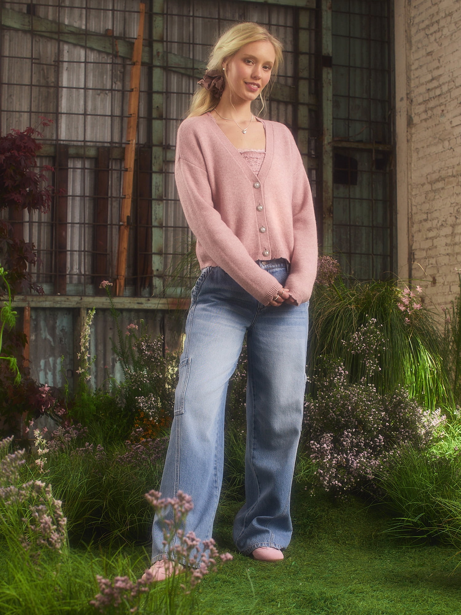 Celebrity Pink Women's Scalloped Hem Jewel Button Cardigan Sweater with Long Sleeves, Sizes XS-XXXL
