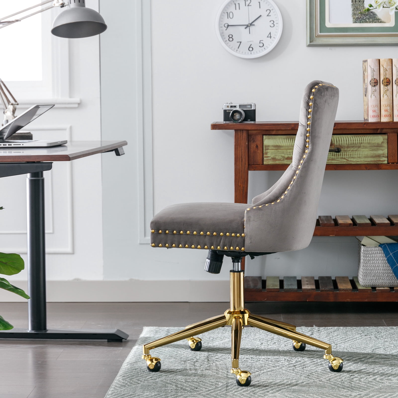 MAYEERTY Velvet Upholstered Office Chair - Tufted Buttons, Golden Metal Base, Adjustable Swivel, Gray