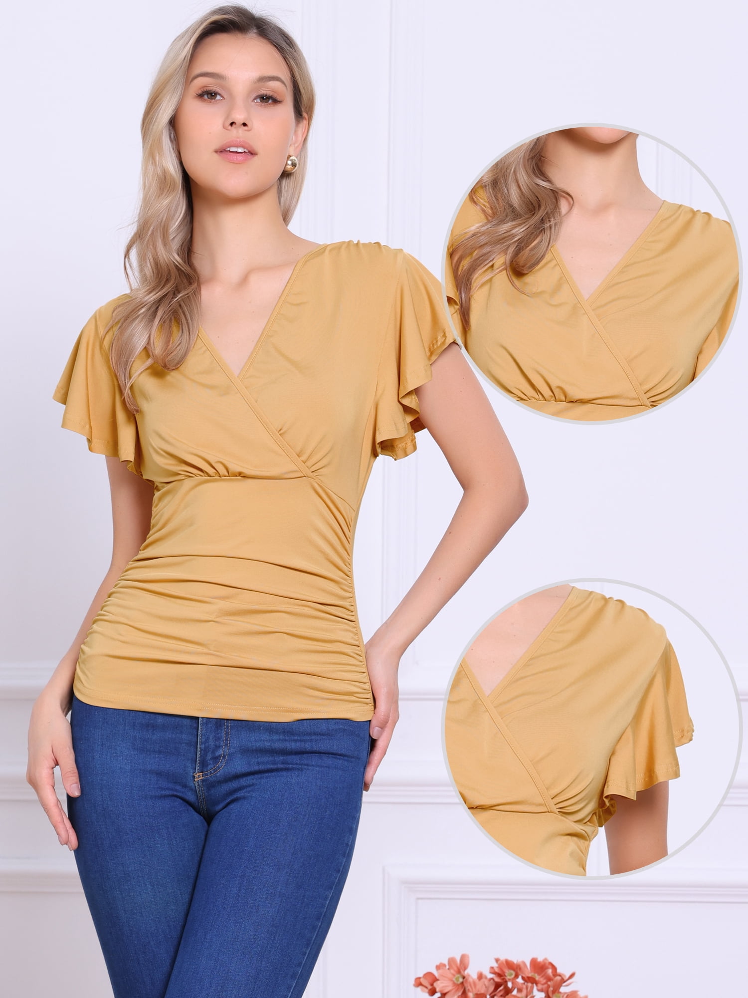 DARING DIVA Women's Stylish V Neck Cinched Waist Ruffle Sleeve Blouse XS Khaki