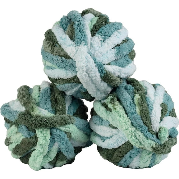 iDIY Chunky Yarn 3 Pack (24 Yards Each Skein) - Tie Dye (Mint, Teal, Green) - Fluffy Chenille Yarn Perfect for Soft Throw and Baby Blankets, Arm Knitting, Crocheting and DIY Crafts and Projects!