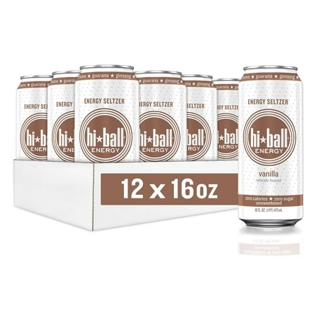 Hiball Clean Energy Drink, Zero Sugar Caffeinated Seltzer Water, Vanilla, 16 Fl Oz, 12 Pack